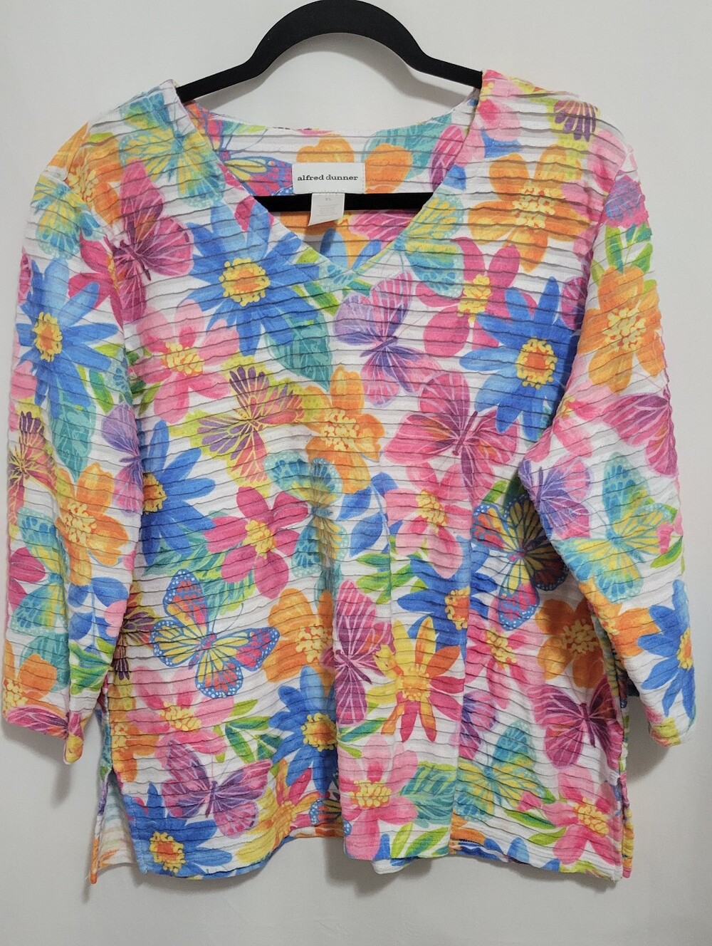 Alfred Dunner Multicolor Floral V-Neck Top - Pink Blue Yellow Orange, Size XL
